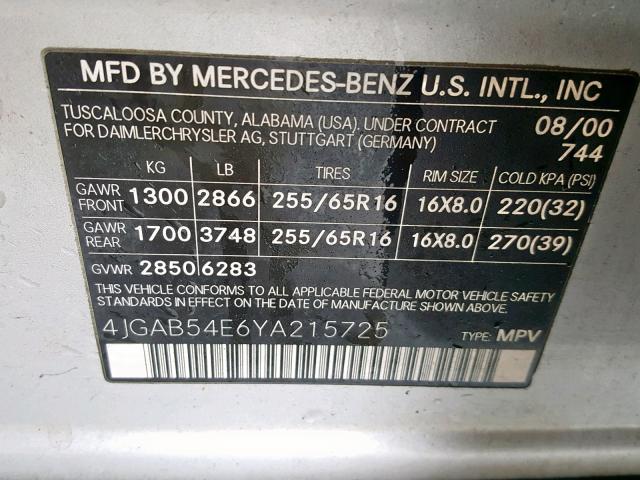 4JGAB54E6YA215725 - 2000 MERCEDES-BENZ ML 320 SILVER photo 10