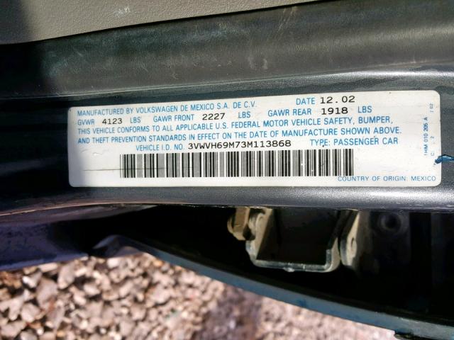 3VWVH69M73M113868 - 2003 VOLKSWAGEN JETTA GLI GRAY photo 10