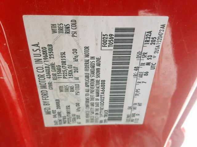 1FTYR10D02TA66888 - 2002 FORD RANGER RED photo 10