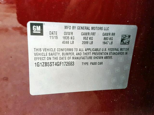 1G1ZB5ST4GF172683 - 2016 CHEVROLET MALIBU LS BURGUNDY photo 10