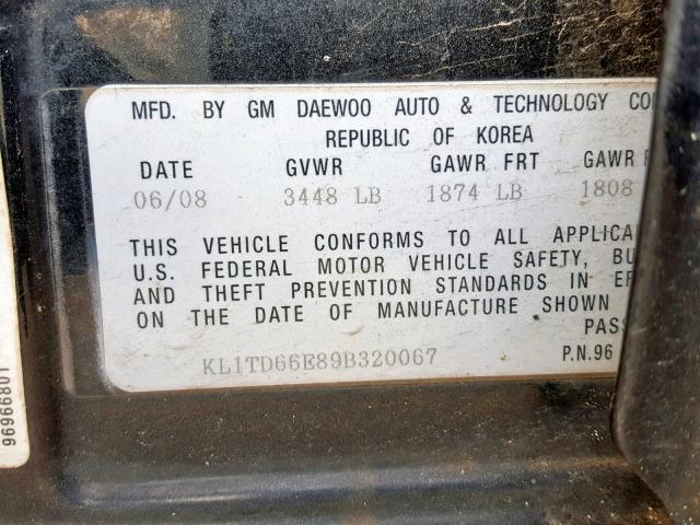 KL1TD66E89B320067 - 2009 CHEVROLET AVEO LS BLACK photo 10