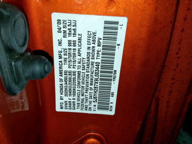 5J6YH287X9L003440 - 2009 HONDA ELEMENT EX ORANGE photo 10