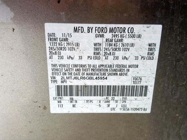 2LMTJ6LR6GBL45954 - 2016 LINCOLN MKX RESERV GRAY photo 10