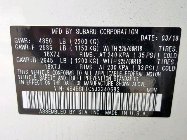 4S4BSETC5J3340682 - 2018 SUBARU OUTBACK TO WHITE photo 10