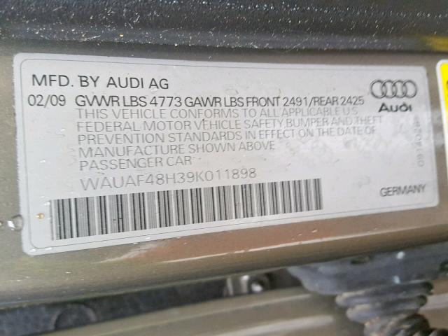 WAUAF48H39K011898 - 2009 AUDI A4 2.0T CA GOLD photo 10