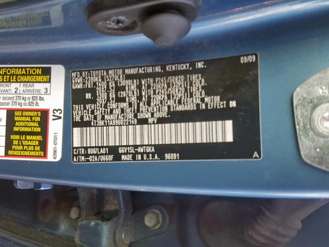 4T3BK11A99U022149 - 2009 TOYOTA VENZA BASE BLUE photo 10