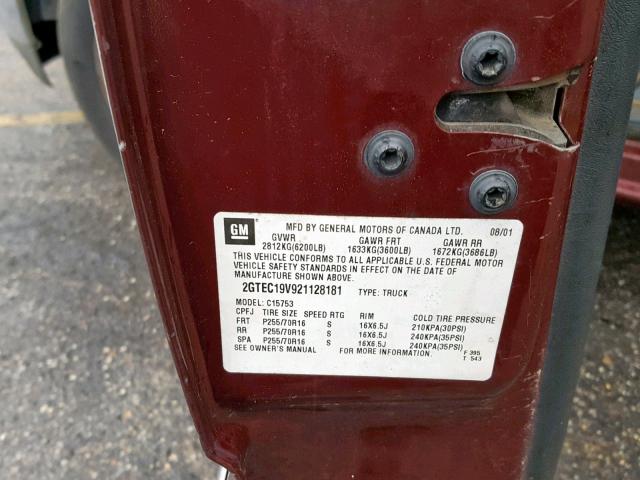 2GTEC19V921128181 - 2002 GMC NEW SIERRA MAROON photo 10