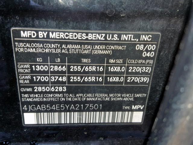 4JGAB54E5YA217501 - 2000 MERCEDES-BENZ ML 320 BLACK photo 10