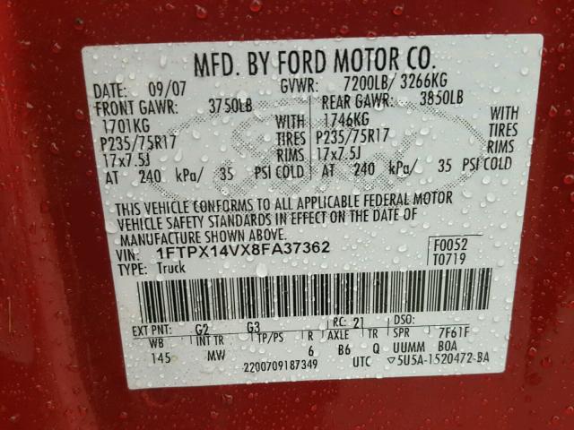 1FTPX14VX8FA37362 - 2008 FORD F150 RED photo 10