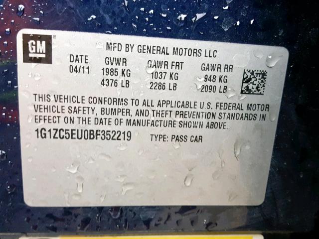 1G1ZC5EU0BF352219 - 2011 CHEVROLET MALIBU 1LT 蓝色 照片 10