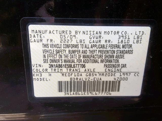 3N1AB61E59L677706 - 2009 NISSAN SENTRA 2.0 BLACK photo 10