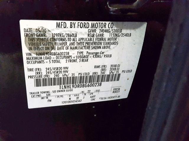 1LNHL9DR0BG600238 - 2011 LINCOLN MKS BLACK photo 10