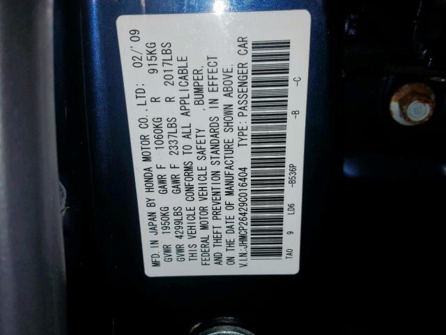 JHMCP26429C016404 - 2009 HONDA ACCORD LXP BLUE photo 10