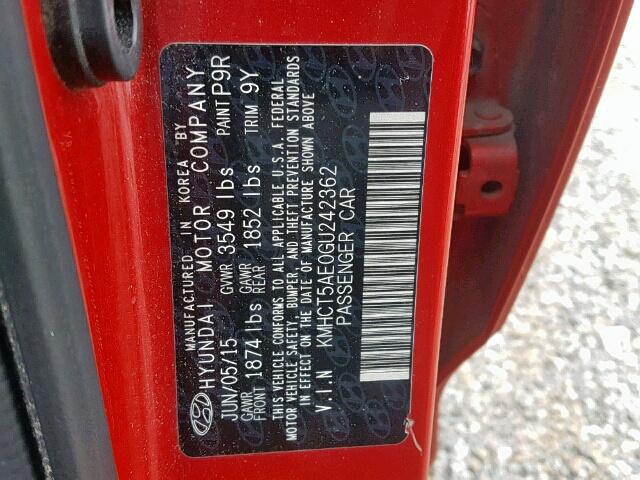 KMHCT5AE0GU242362 - 2016 HYUNDAI ACCENT SE RED photo 10