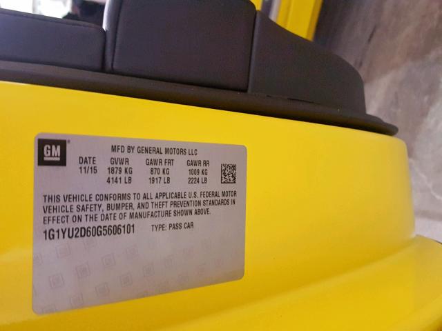 1G1YU2D60G5606101 - 2016 CHEVROLET CORVETTE 3 YELLOW photo 10