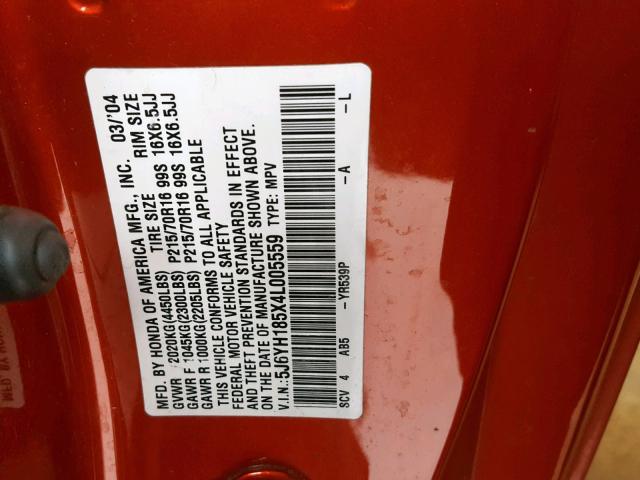 5J6YH185X4L005559 - 2004 HONDA ELEMENT EX ORANGE photo 10