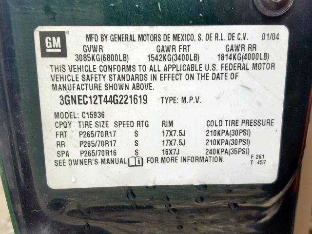 3GNEC12T44G221619 - 2004 CHEVROLET AVALANCHE GREEN photo 10