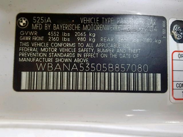 WBANA53505B857080 - 2005 BMW 525 I WHITE photo 10