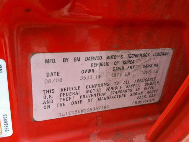 KL1TD56E79B357198 - 2009 CHEVROLET AVEO LS RED photo 10