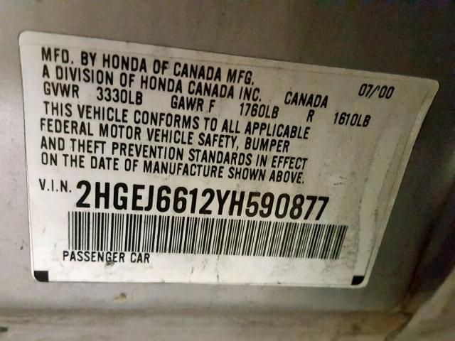 2HGEJ6612YH590877 - 2000 HONDA CIVIC BASE SILVER photo 10