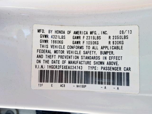 1HGCR2F5XEA034743 - 2014 HONDA ACCORD SPO WHITE photo 10