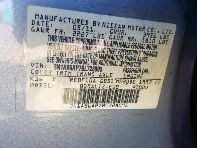 3N1AB6AP7BL728095 - 2011 NISSAN SENTRA 2.0 SILVER photo 10