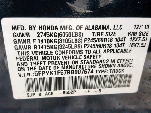 5FPYK1F57BB007674 - 2011 HONDA RIDGELINE BLUE photo 10