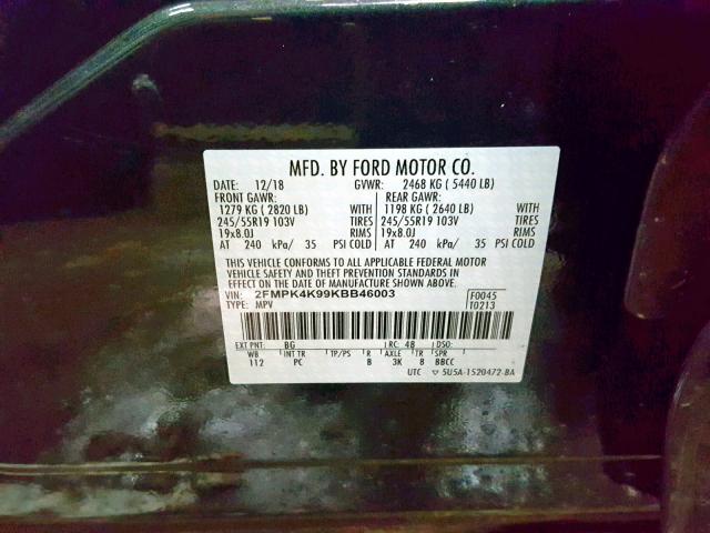 2FMPK4K99KBB46003 - 2019 FORD EDGE TITAN BLUE photo 10