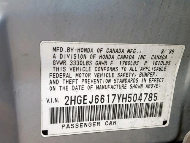 2HGEJ6617YH504785 - 2000 HONDA CIVIC BASE SILVER photo 10