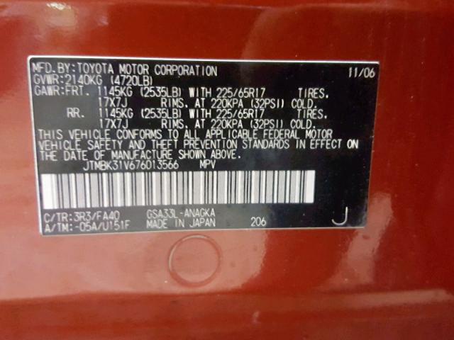 JTMBK31V676013566 - 2007 TOYOTA RAV4 LIMIT RED photo 10