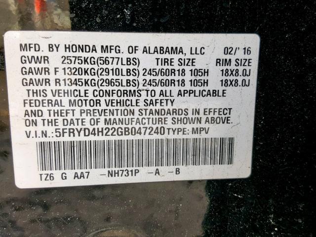 5FRYD4H22GB047240 - 2016 ACURA MDX BLACK photo 10