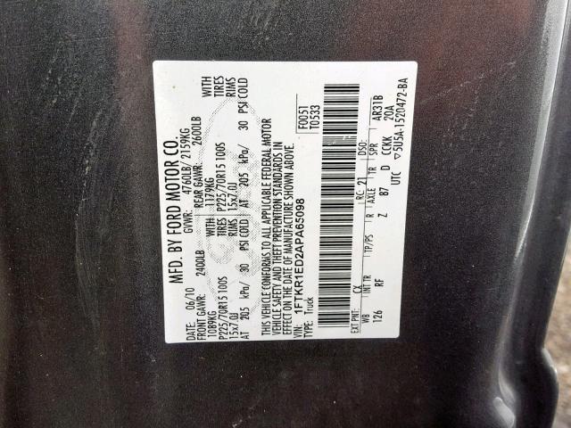 1FTKR1ED2APA65098 - 2010 FORD RANGER SUP CHARCOAL photo 10