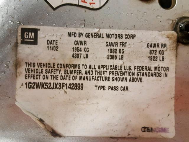 1G2WK52JX3F142899 - 2003 PONTIAC GRAND PRIX GRAY photo 10