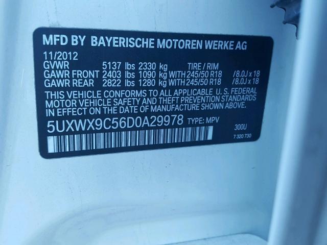 5UXWX9C56D0A29978 - 2013 BMW X3 XDRIVE2 WHITE photo 10