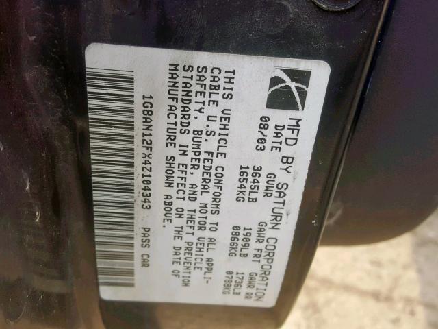 1G8AN12FX4Z104343 - 2004 SATURN ION LEVEL BLUE photo 10