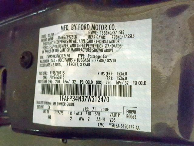 1FAFP34N37W312470 - 2007 FORD FOCUS ZX4 CHARCOAL photo 10