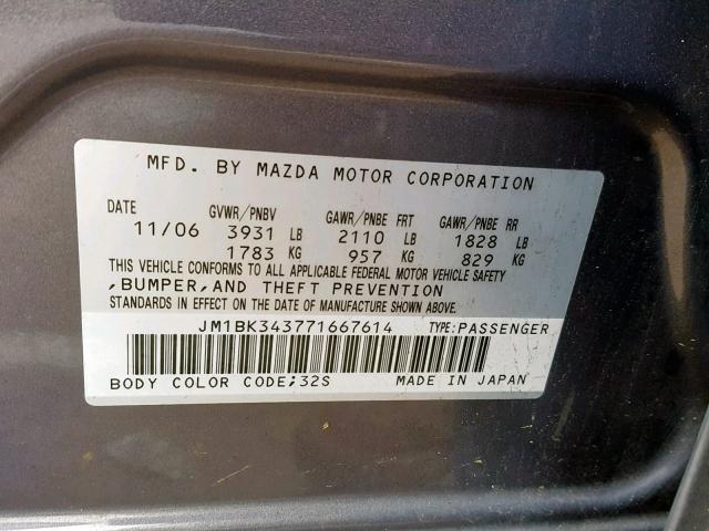 JM1BK343771667614 - 2007 MAZDA 3 HATCHBAC GRAY photo 10