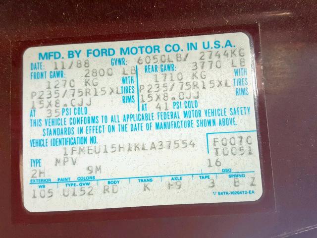 1FMEU15H1KLA37554 - 1989 FORD BRONCO U10 TWO TONE photo 10