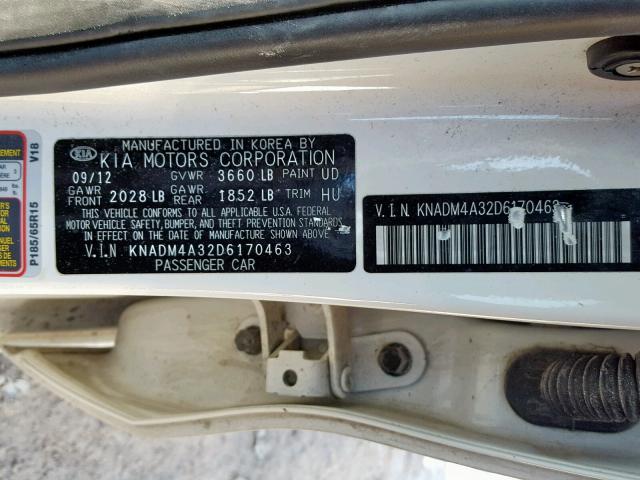 KNADM4A32D6170463 - 2013 KIA RIO LX WHITE photo 10