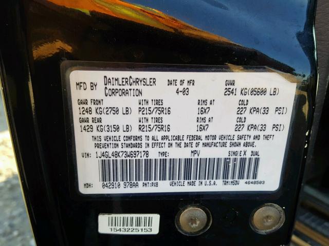 1J4GL48K73W697178 - 2003 JEEP LIBERTY SP BLACK photo 10