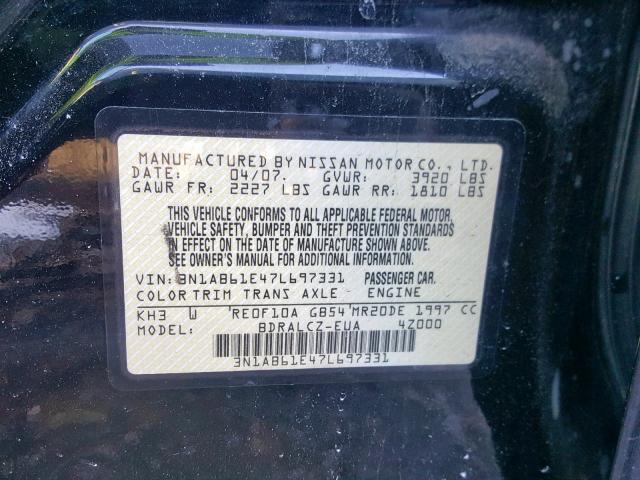 3N1AB61E47L697331 - 2007 NISSAN SENTRA 2.0 BLACK photo 10