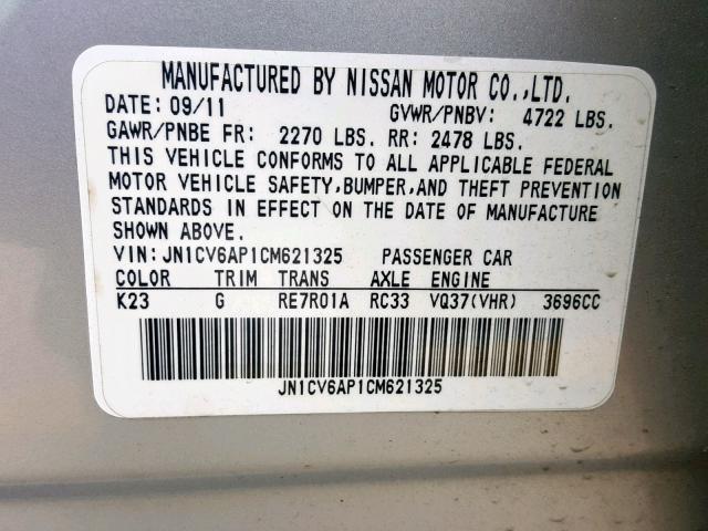 JN1CV6AP1CM621325 - 2012 INFINITI G37 BASE SILVER photo 10