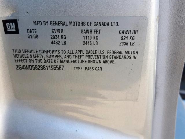 2G4WD582881195567 - 2008 BUICK LACROSSE C SILVER photo 10