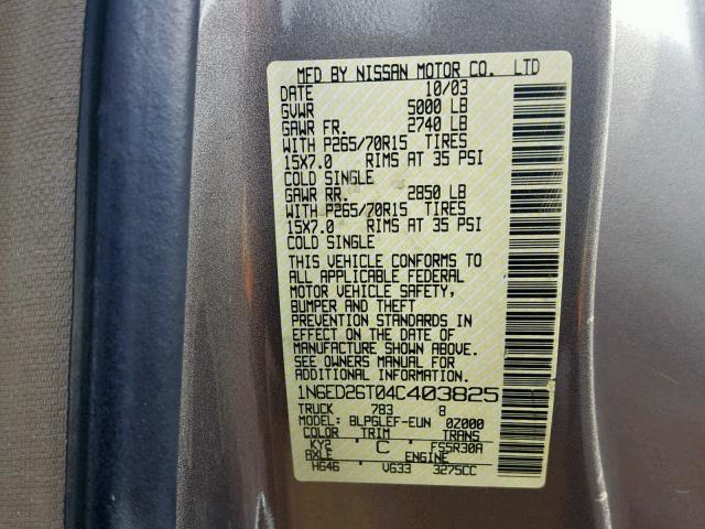 1N6ED26T04C403825 - 2004 NISSAN FRONTIER GOLD photo 10