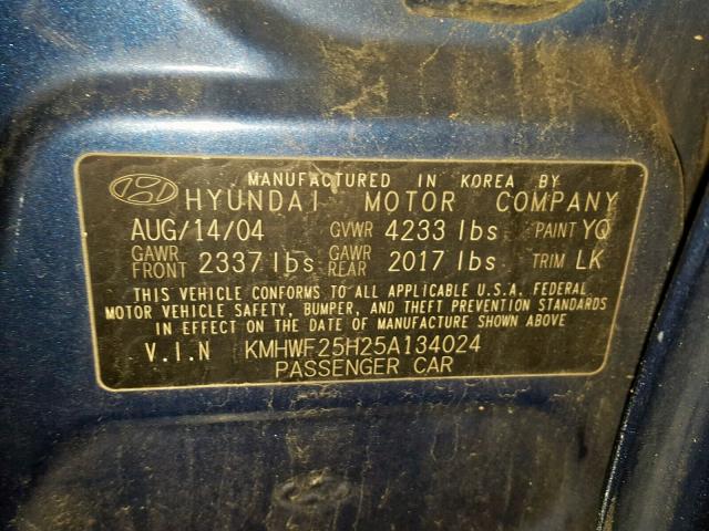 KMHWF25H25A134024 - 2005 HYUNDAI SONATA GL BLUE photo 10