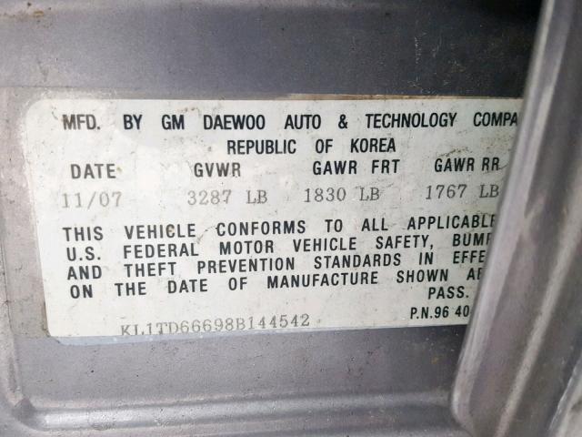 KL1TD66698B144542 - 2008 CHEVROLET AVEO BASE ნაცრისფერი ფოტო 10