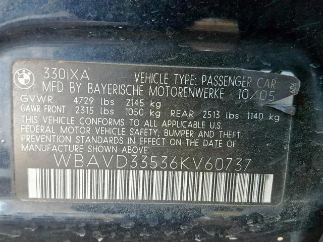 WBAVD33536KV60737 - 2006 BMW 330 XI BLACK photo 10