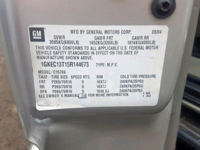 1GKEC13T15R144673 - 2005 GMC YUKON GRAY photo 10