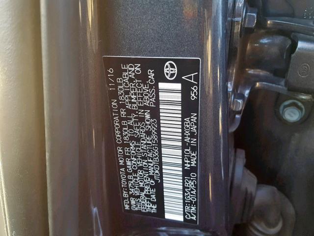 JTDKDTB36G1589923 - 2016 TOYOTA PRIUS C GRAY photo 10