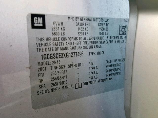 1GCGSCE3XG1277496 - 2016 CHEVROLET COLORADO L SILVER photo 10
